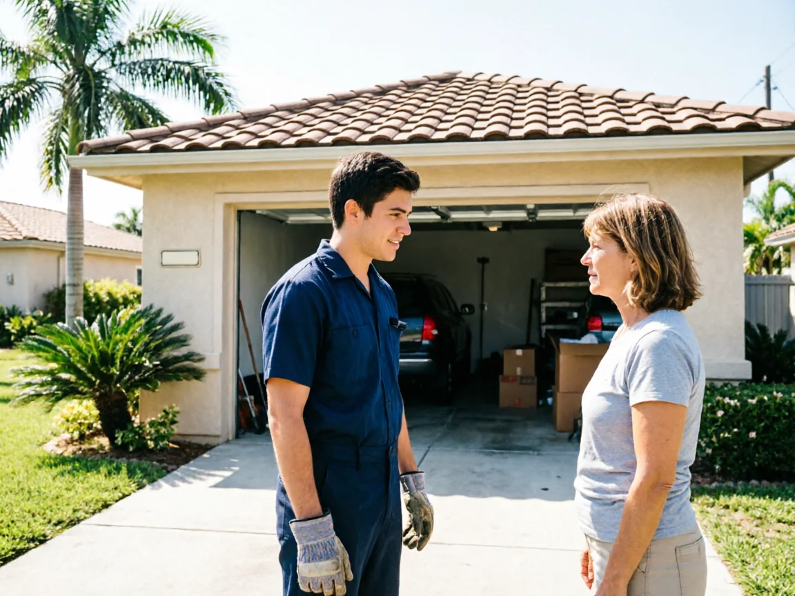 A technician in a blue uniform talks to a woman in a driveway in front of a house.