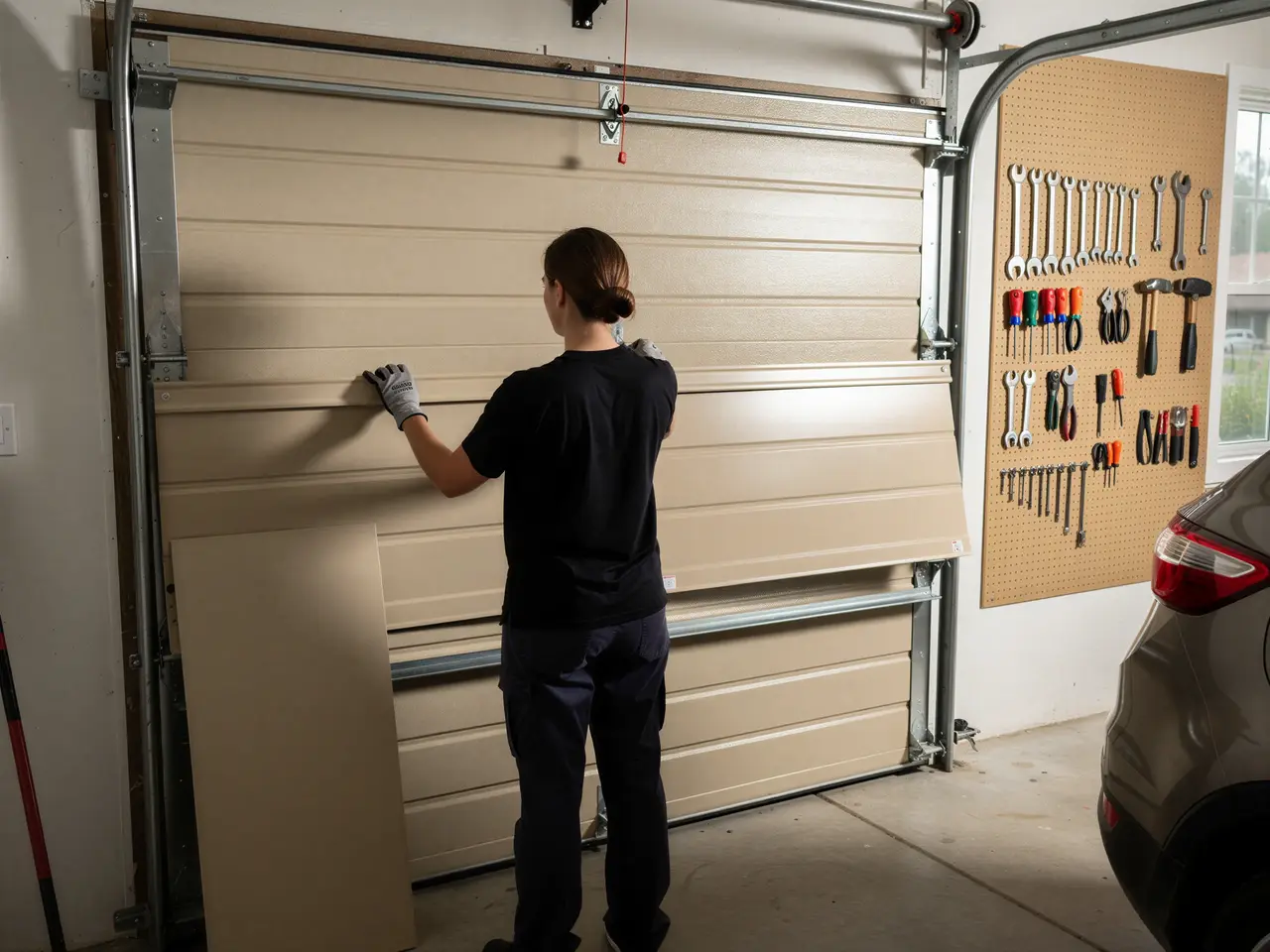 A technician installs a beige garage door panel in a garage.