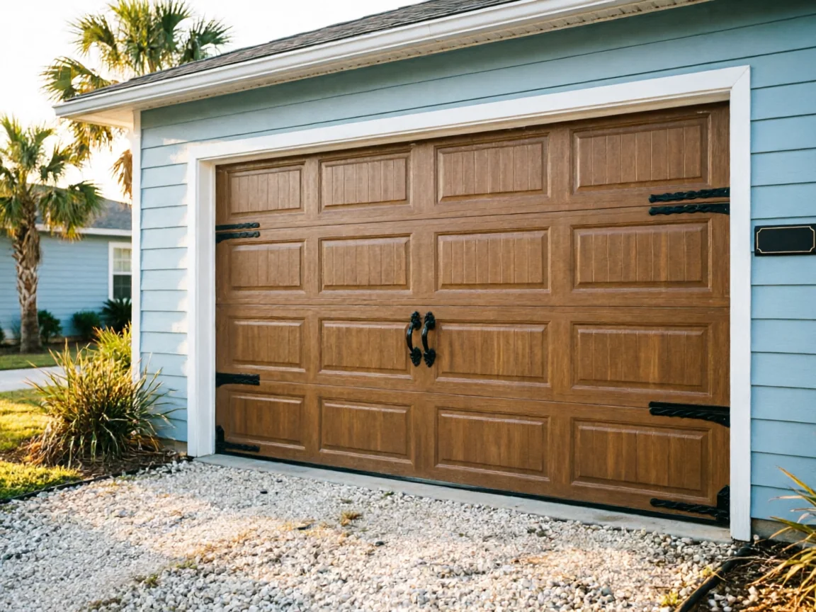 A brown garage door with decorative black hardware on a light blue house.